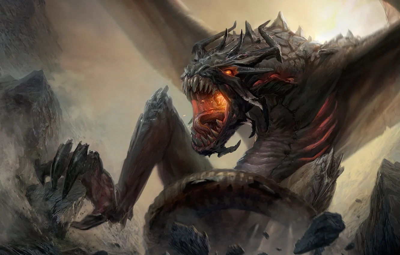 Photo wallpaper mountains, rocks, dragon, wings, monster, art, rage, mouth