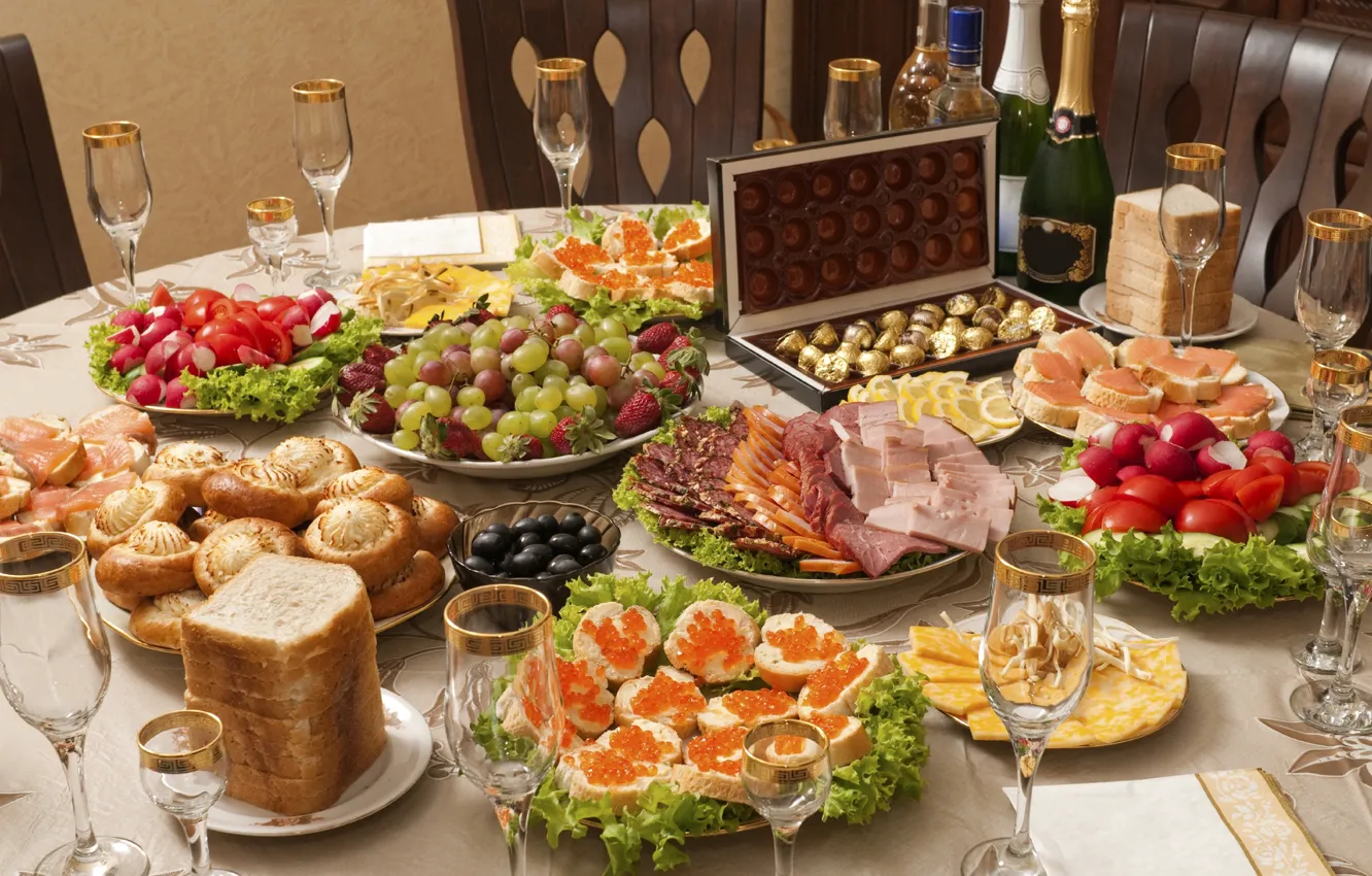 Photo wallpaper strawberry, bread, candy, grapes, meat, fruit, champagne, feast