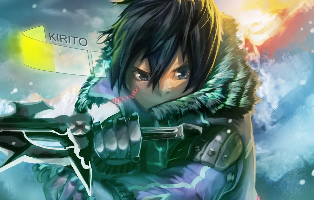 Photo wallpaper winter, the sun, snow, weapons, anime, art, fur, guy