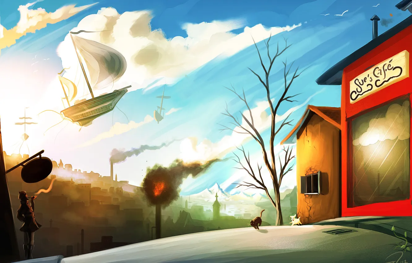 Photo wallpaper cat, girl, the city, surrealism, street, ship, sailboat, art