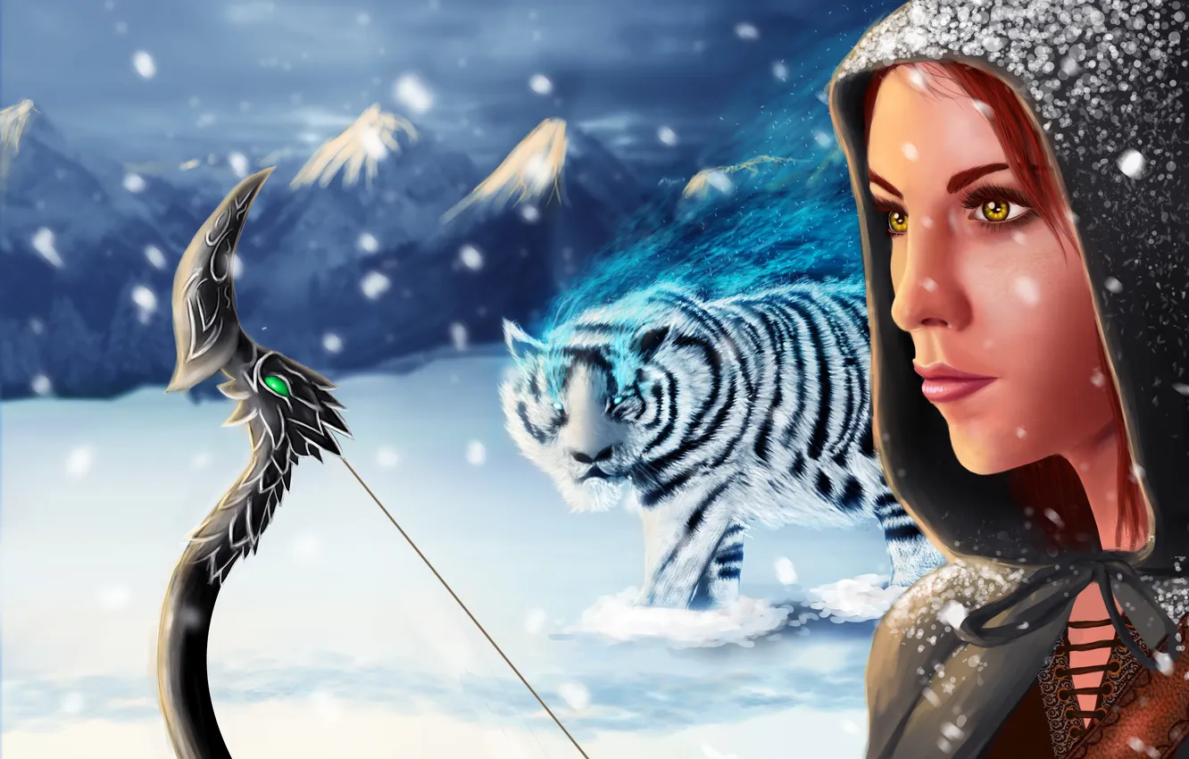 Photo wallpaper cold, winter, girl, snow, mountains, face, weapons, fiction
