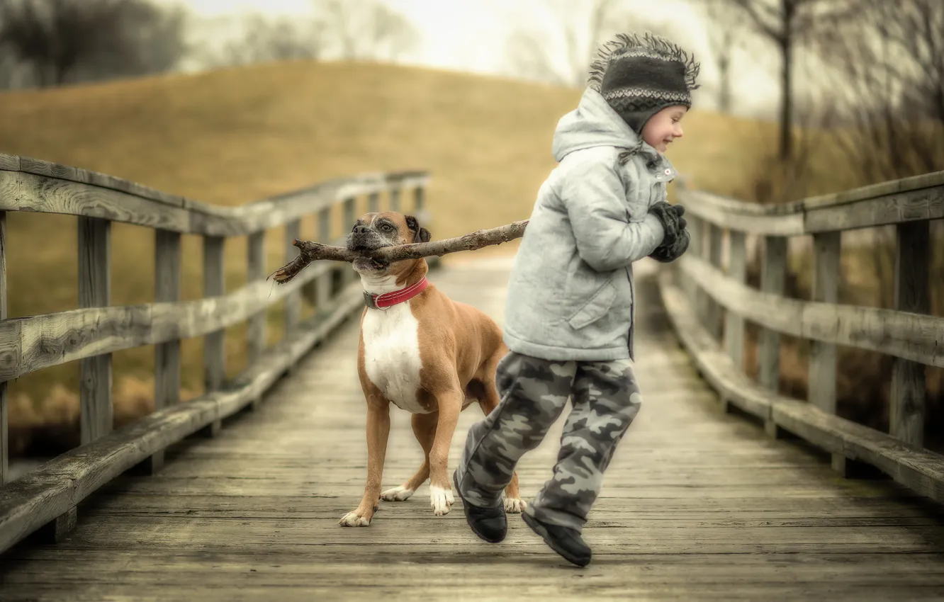 Photo wallpaper children, mood, dog