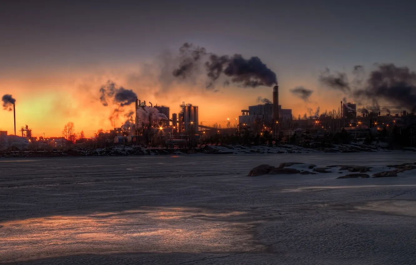 Photo wallpaper sunset, the city, river, plant