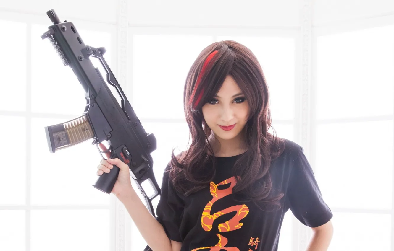 Photo wallpaper look, girl, light, weapons, brunette, HK G36