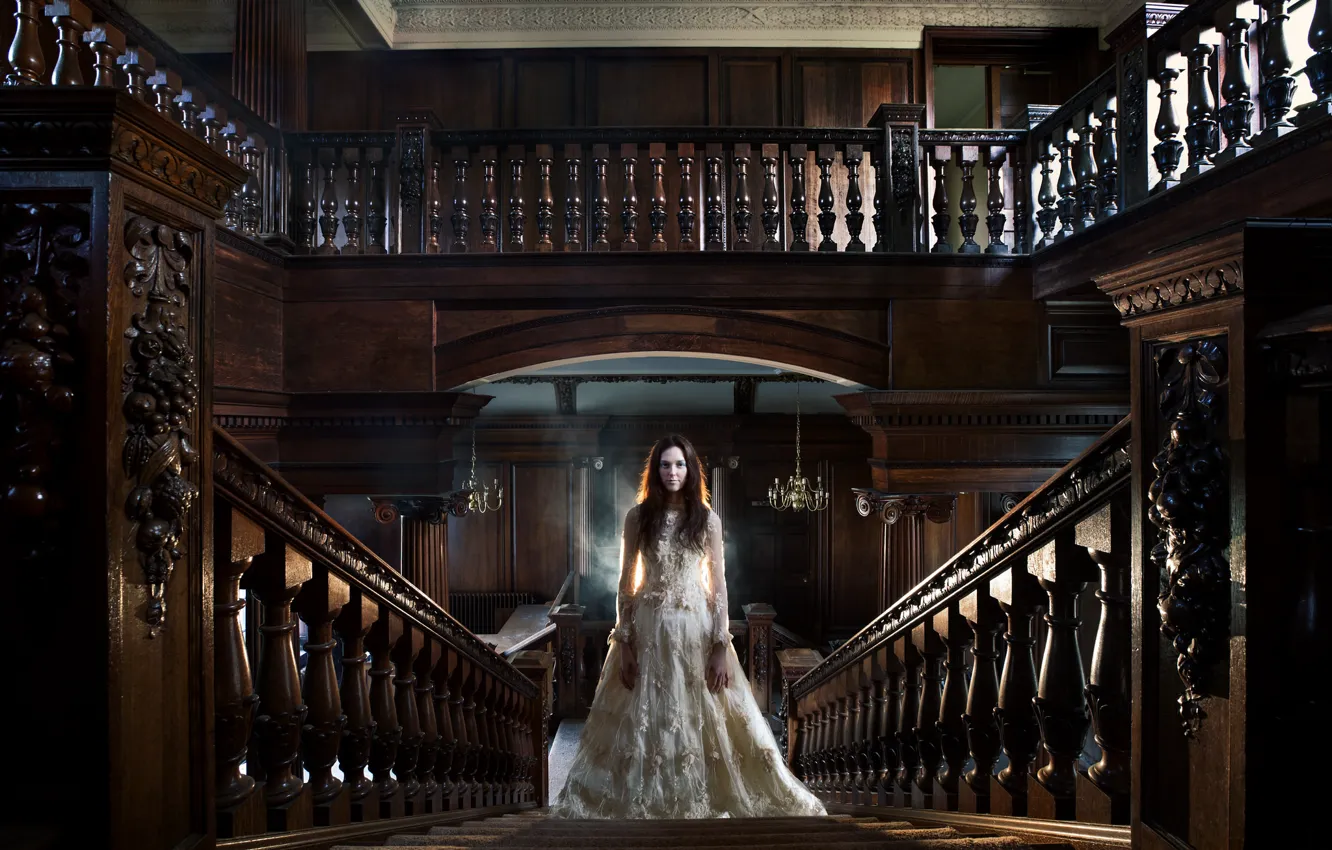 Photo wallpaper girl, room, dress, ladder, railings