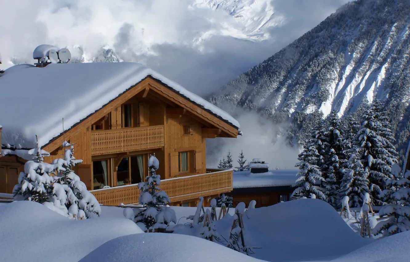 Photo wallpaper winter, snow, mountains, the snow, wooden, house, France
