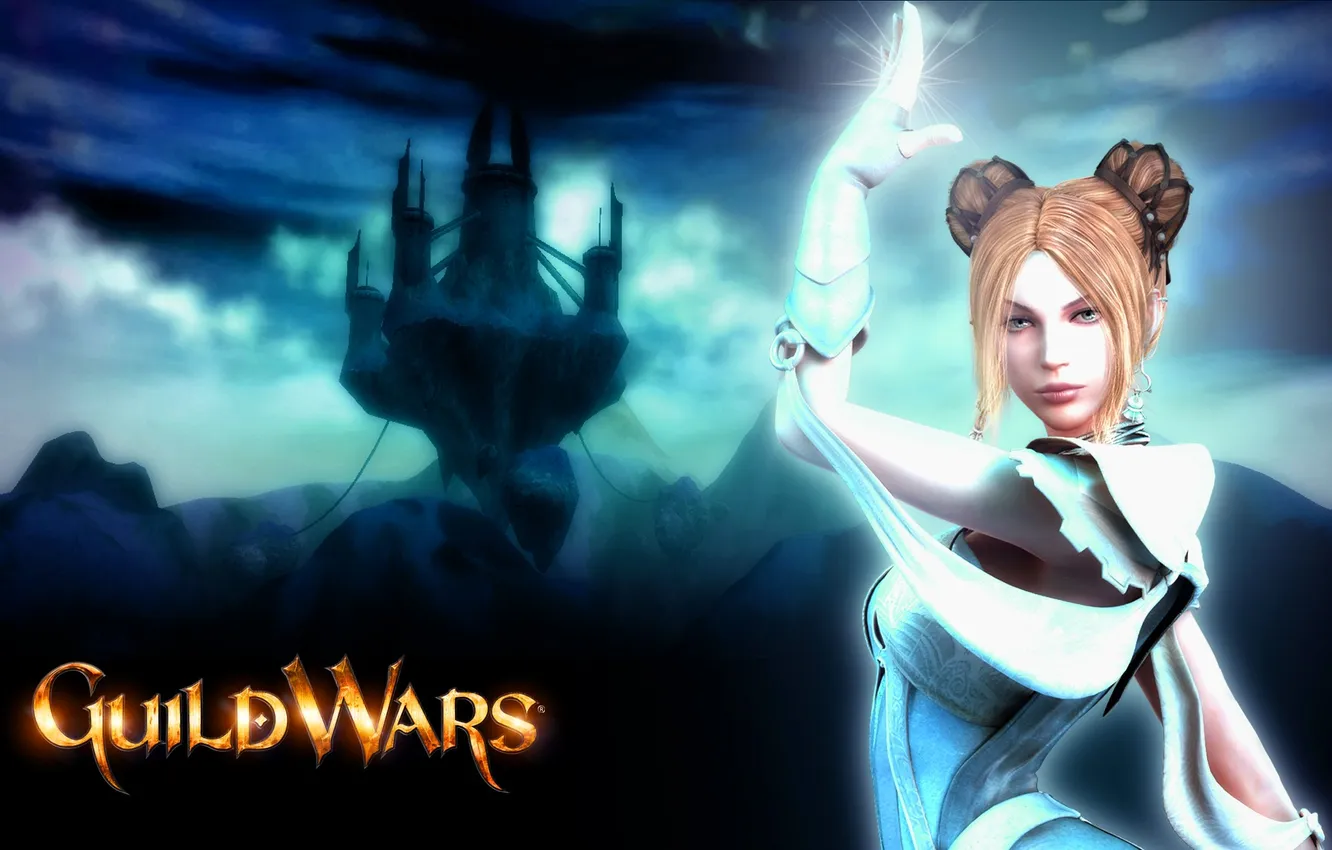 Photo wallpaper girl, clouds, castle, magic, lightning, MAG, Guild Wars, spontaneous