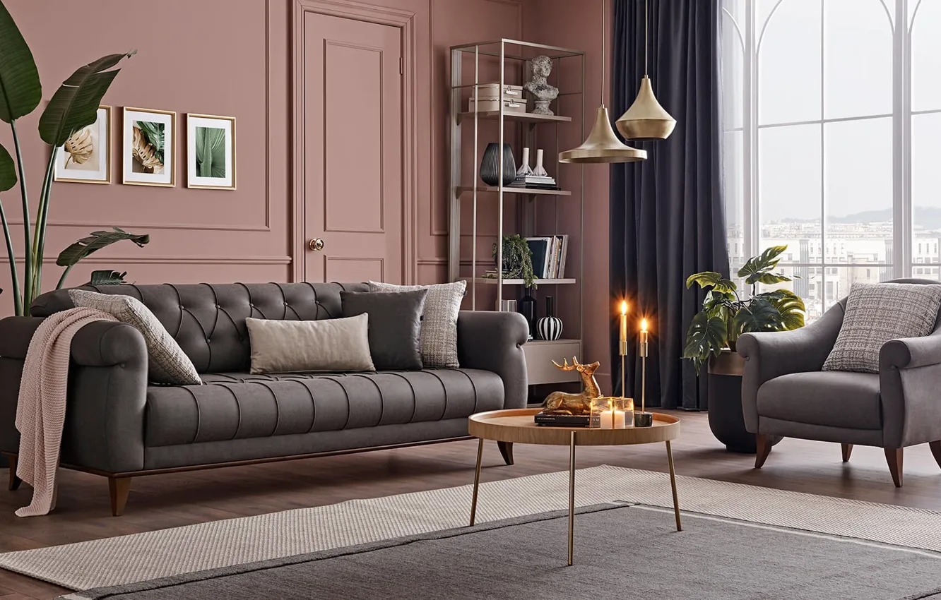 Photo wallpaper design, style, room, plant, interior, chair, candles, sofa