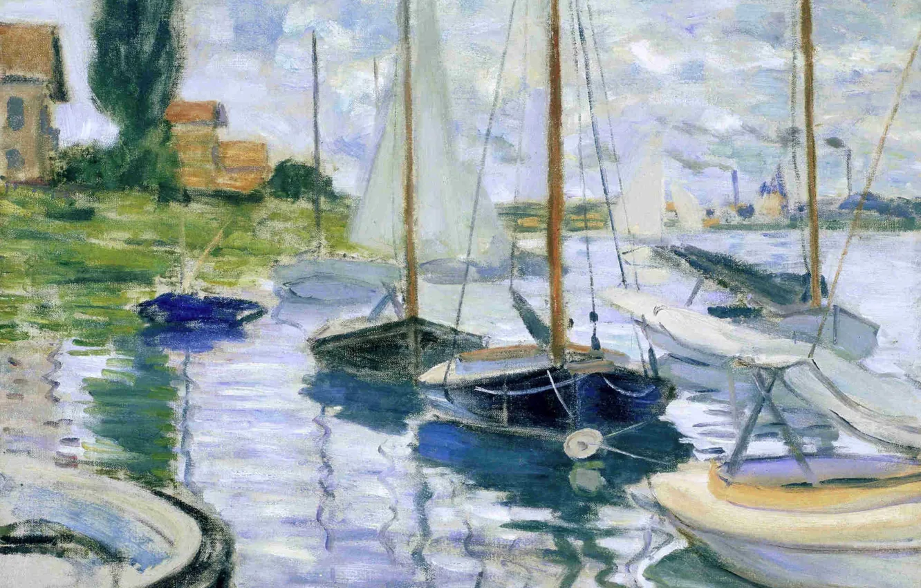 Photo wallpaper landscape, house, river, boat, picture, sail, Claude Monet