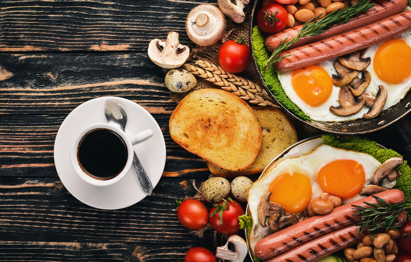 Photo wallpaper mushrooms, sausage, coffee, eggs, bread, tomatoes