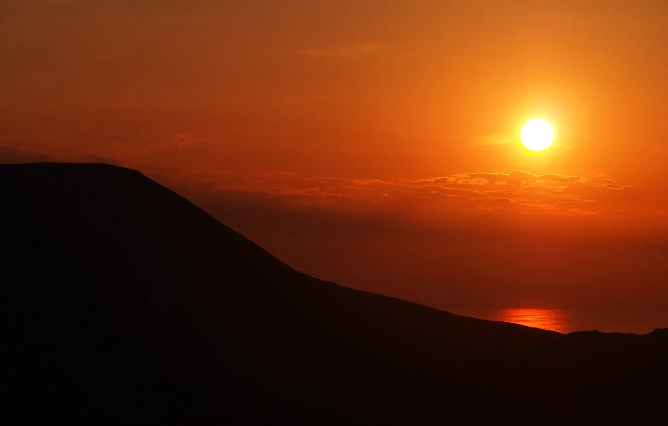 Photo wallpaper sea, the sky, the sun, clouds, sunset, mountains