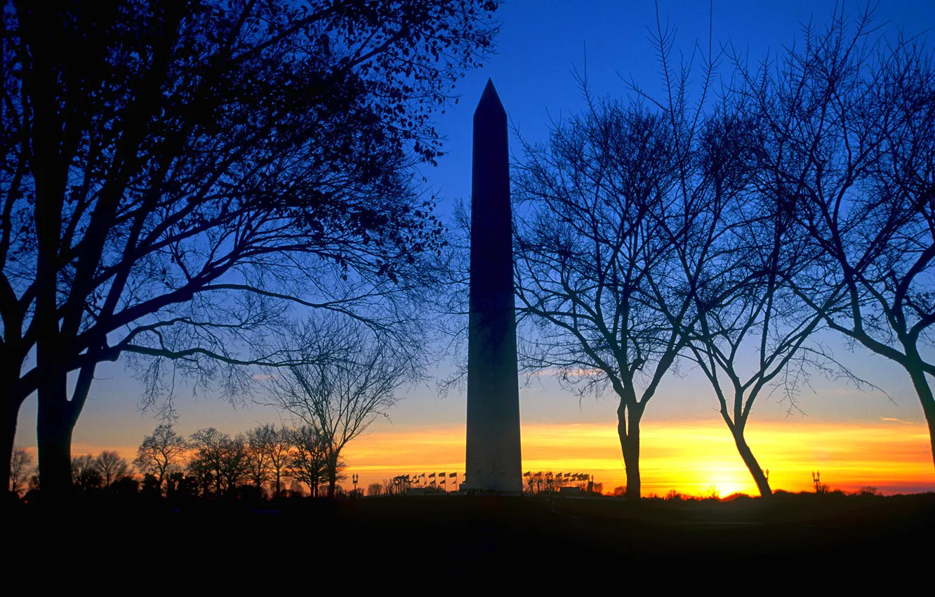 Photo wallpaper the sky, clouds, trees, sunset, Park, obelisk