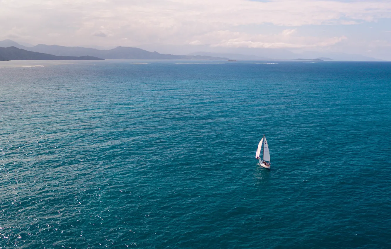 Photo wallpaper clouds, the ocean, coast, yacht