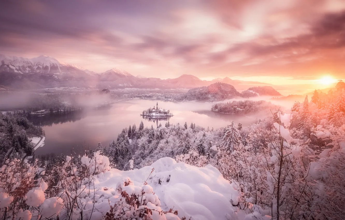 Photo wallpaper winter, the sky, trees, landscape, sunset, lake, island, Slovenia