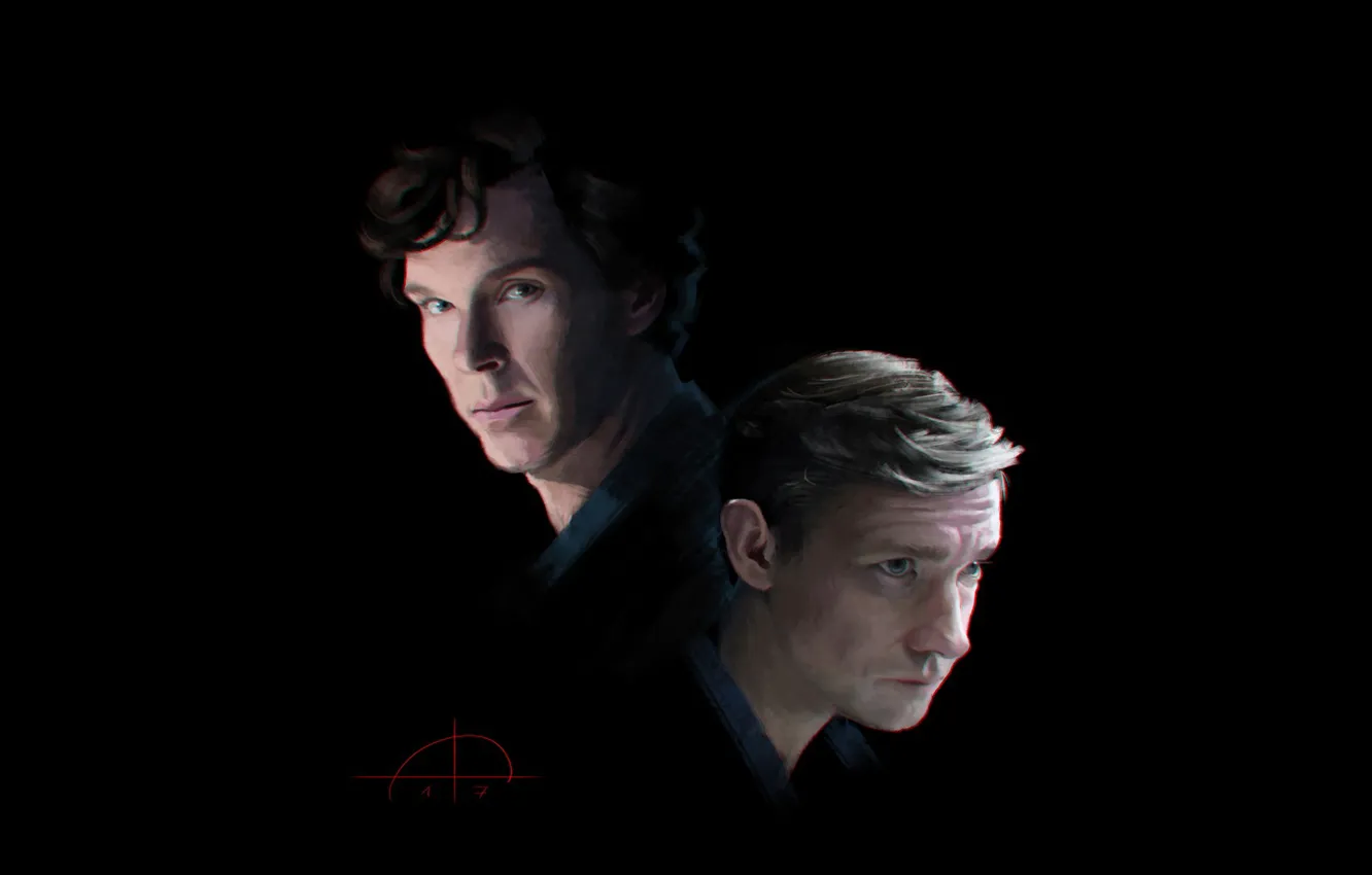 Photo wallpaper Sherlock Holmes, black background, Martin Freeman, Benedict Cumberbatch, Sherlock, Sherlock BBC, John Watson