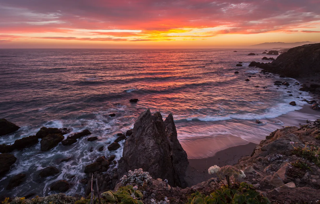 Photo wallpaper beach, sunset, coast, CA, Bay, USA, The Pacific ocean