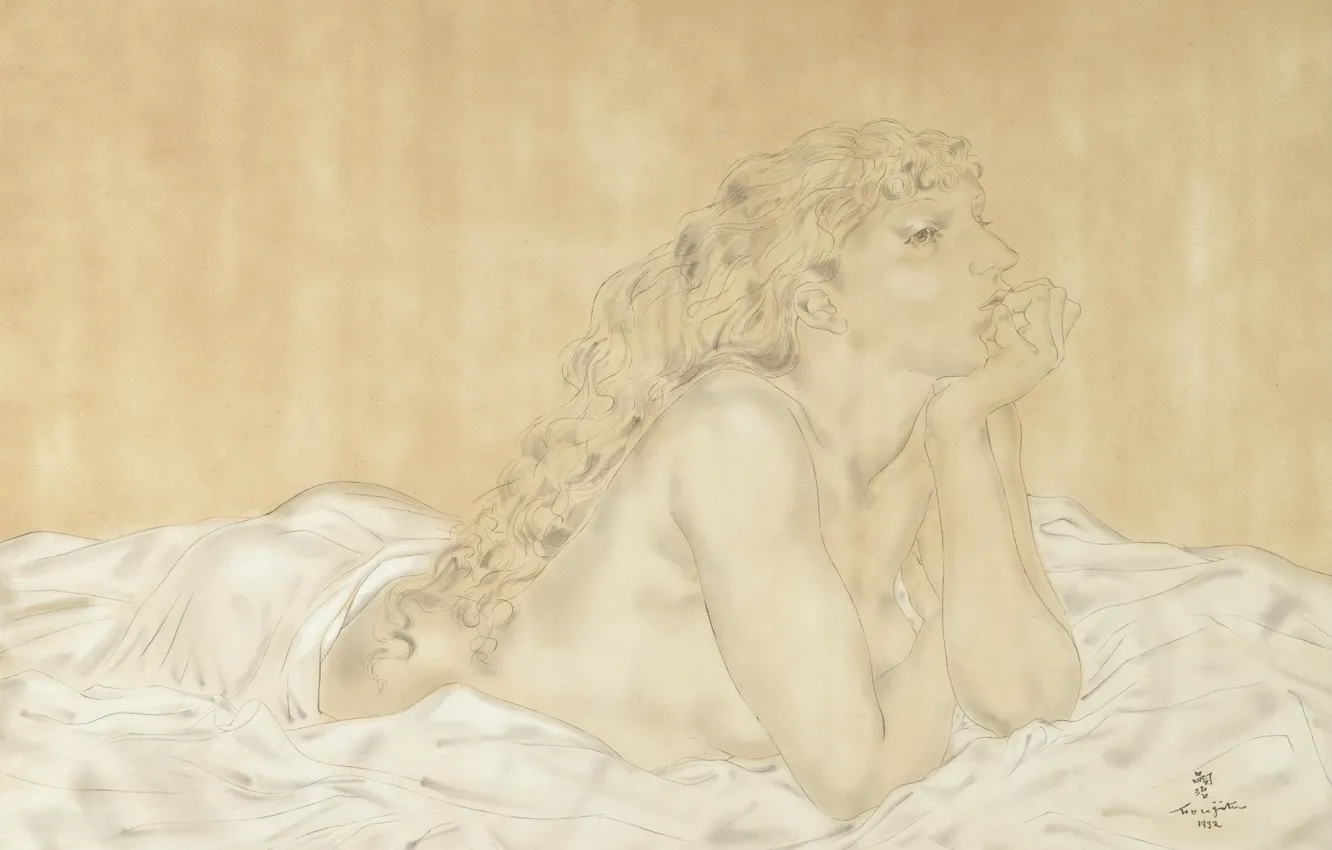 Photo wallpaper paper, watercolor, 1932, Reclining Nude, Tsuguharu Foujita, pen and ink, Madeleine