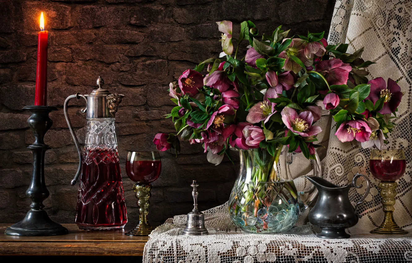 Photo wallpaper flowers, style, wine, candle, bouquet, glasses, pitcher, still life