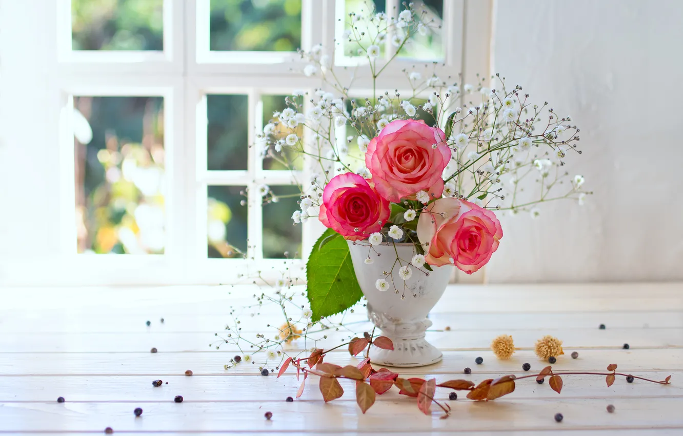 Photo wallpaper leaves, light, flowers, branches, berries, sprig, table, Board