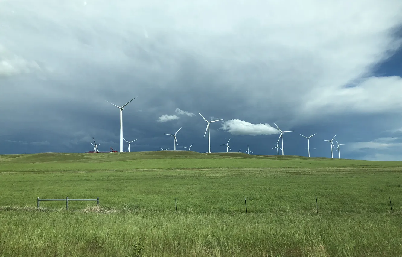 Photo wallpaper greens, field, the sky, grass, clouds, clouds, dal, windmills