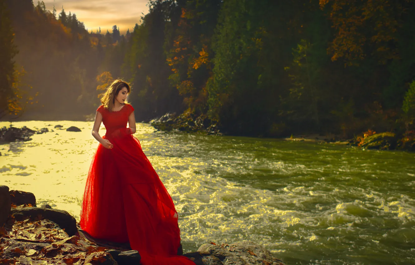 Photo wallpaper girl, trees, river, Asian, red dress, Wora Tippayapaisal