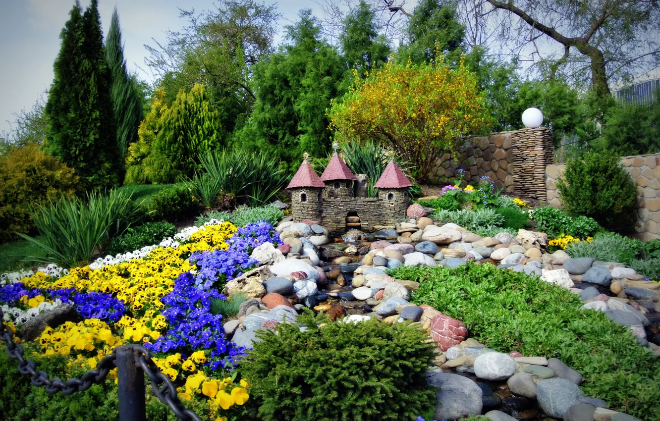 Photo wallpaper castle, spring, fountain