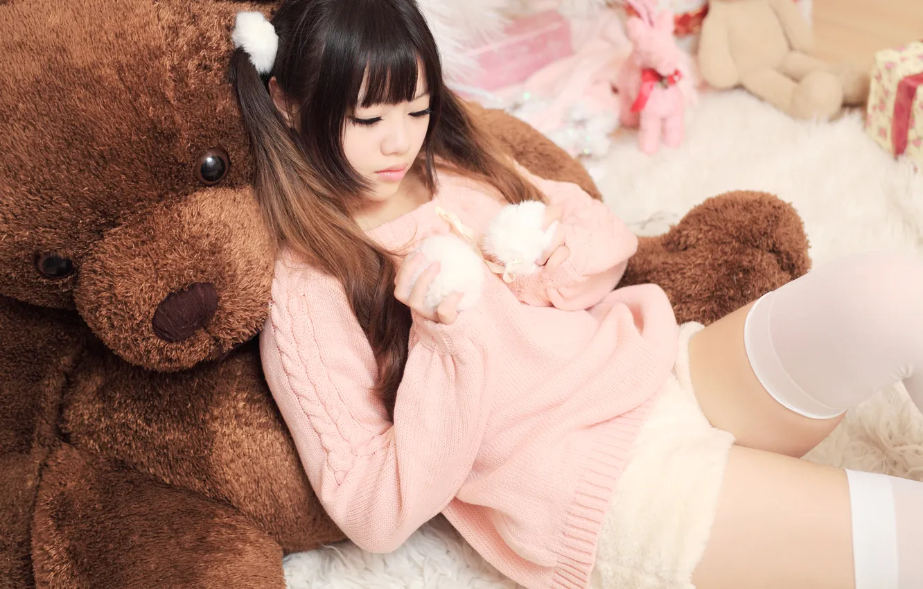 Photo wallpaper face, mood, hair, doll, bear, braid, Asian
