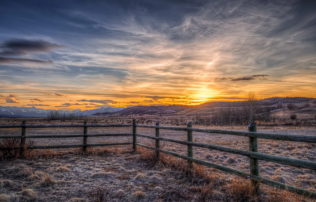 Photo wallpaper landscape, sunset, the fence, Alberta, Canada, Stoney Indian Reserve