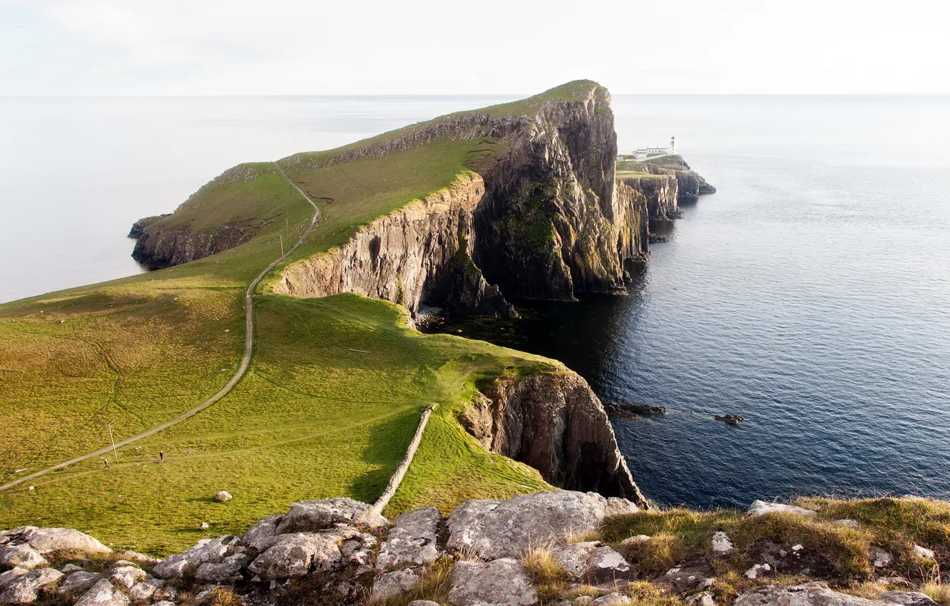 Photo wallpaper road, sea, grass, water, stones, vegetation, lighthouse, dal