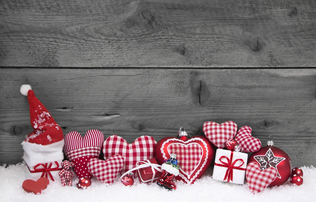 Photo wallpaper New Year, Christmas, Christmas, wood, snow, hearts, decoration, gifts