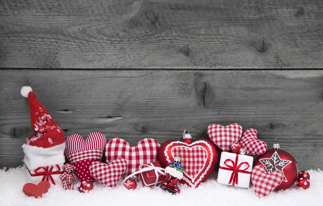 Photo wallpaper new year, Christmas, Christmas, wood, snow, hearts, decoration, gifts