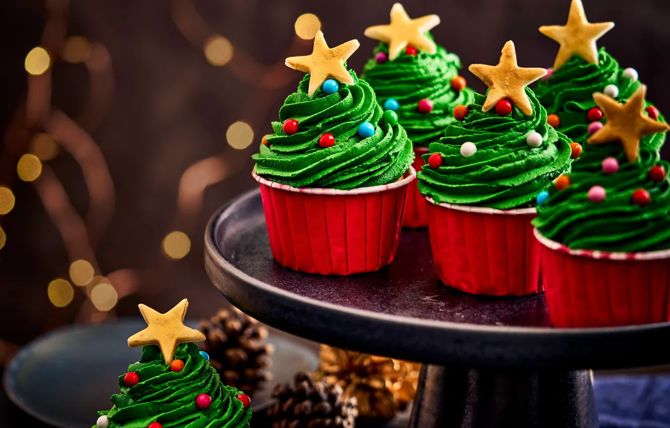 Photo wallpaper Christmas, Christmas, Chocolate beans, Cupcakes for the Christmas tree, Chocolate beans, Christmas Tree Cupcakes