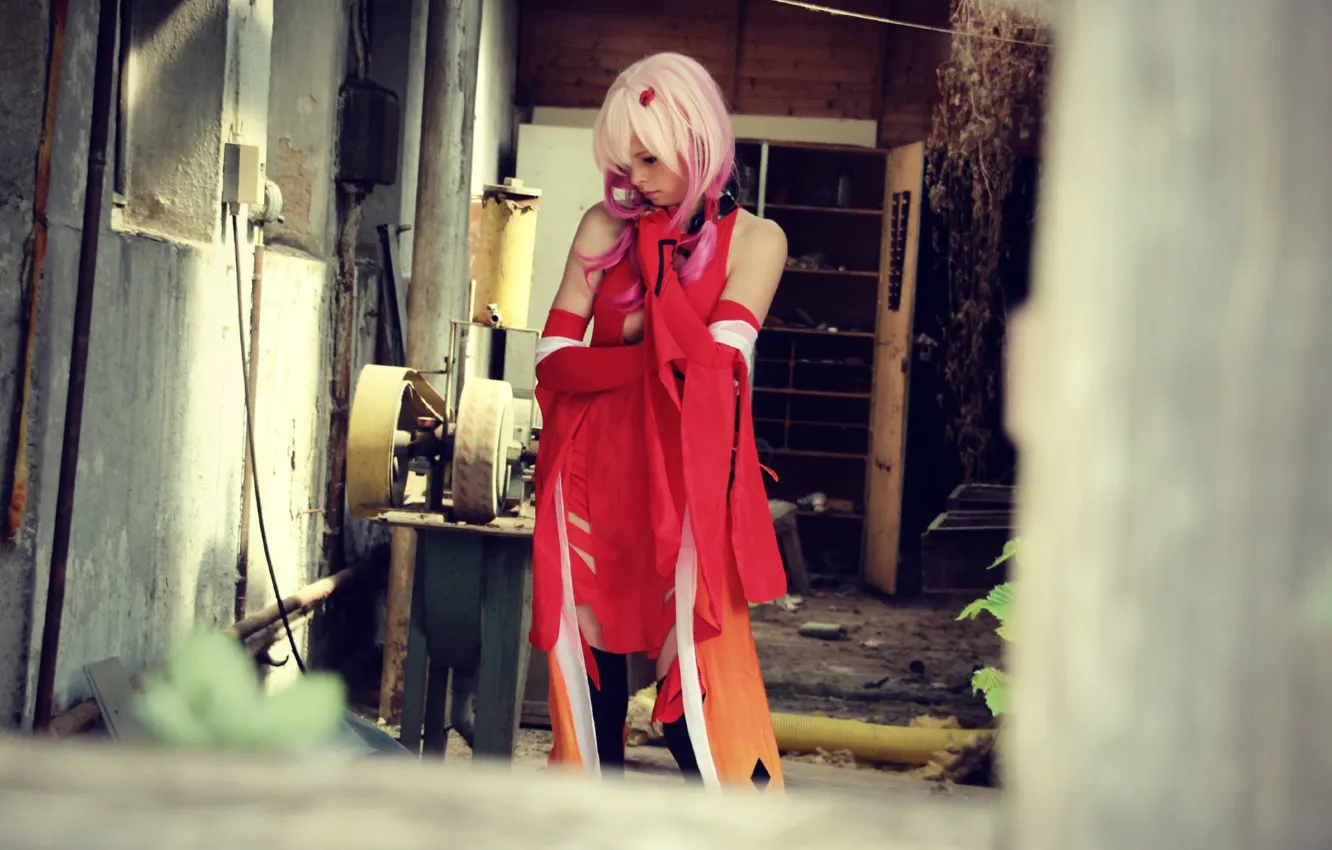 Photo wallpaper costume, destruction, red dress, wig, cosplay, Guilty Crown, Yuzuriha Inori, Guilty crown