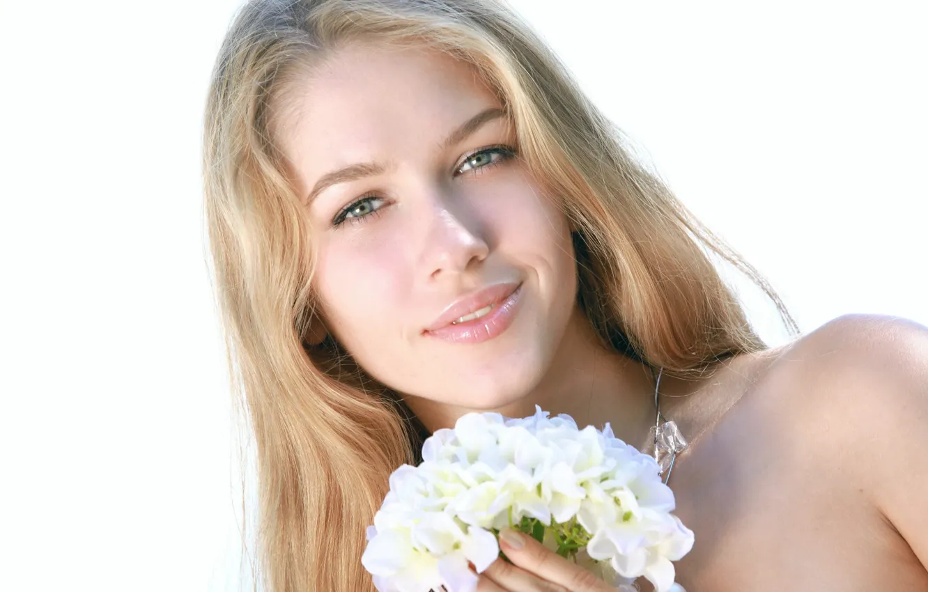 Photo wallpaper girl, flowers, smile, model, blonde, the beauty, Erica B
