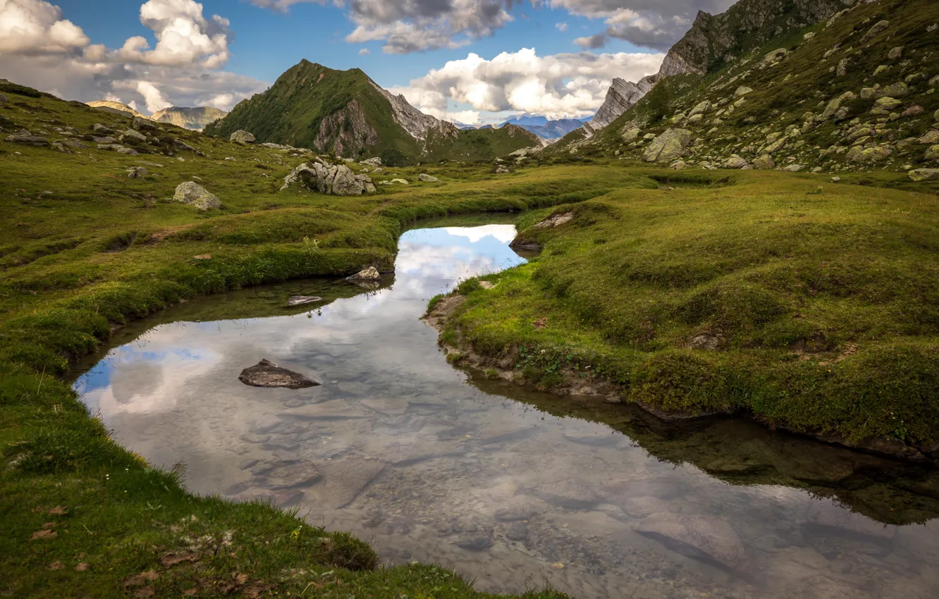 Photo wallpaper mountains, lake, stones, shore