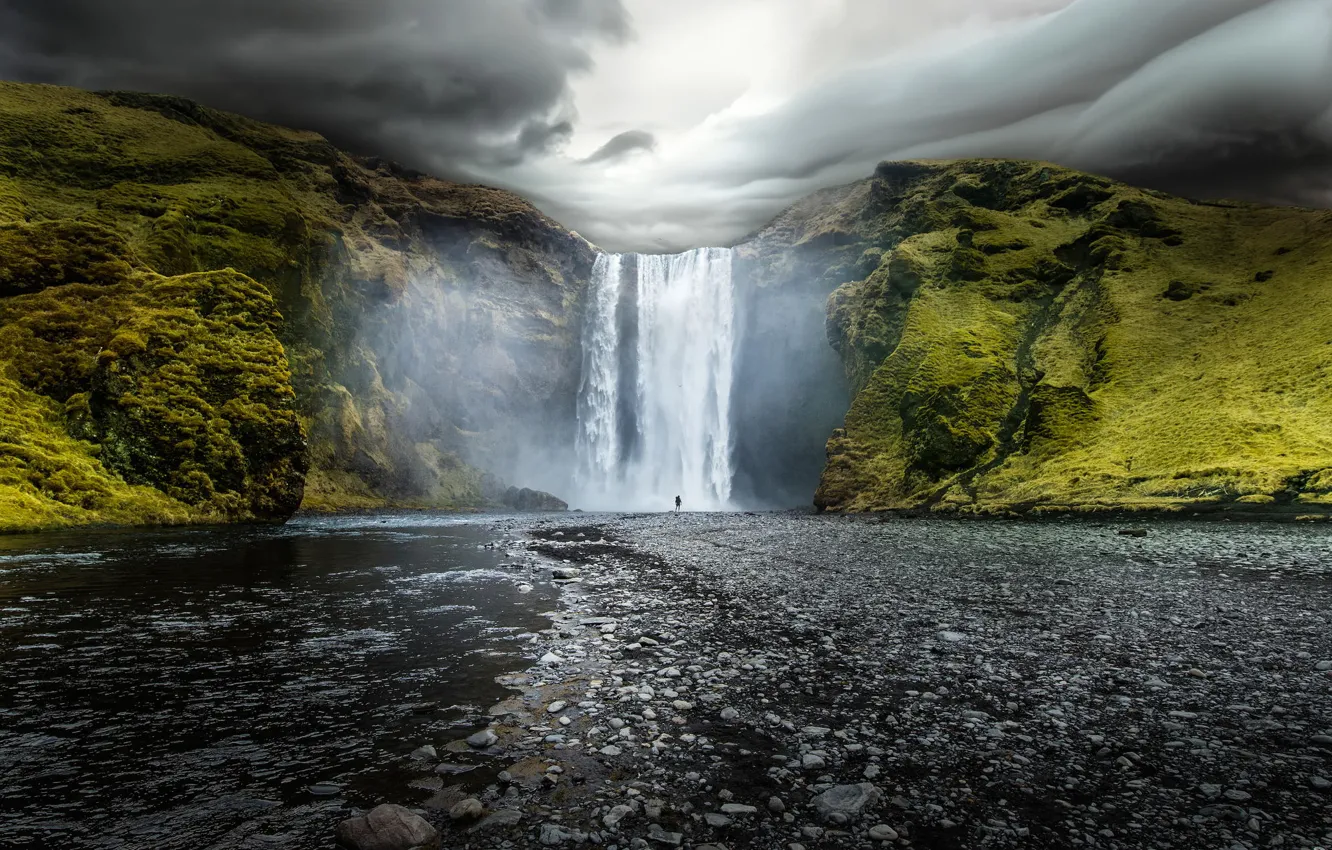 Photo wallpaper water, clouds, nature, river, rocks, waterfall, Iceland, Iceland