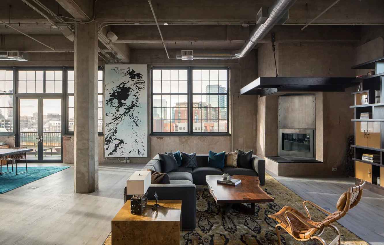 Photo wallpaper interior, fireplace, living room, Denver, Colorado, Industrial loft