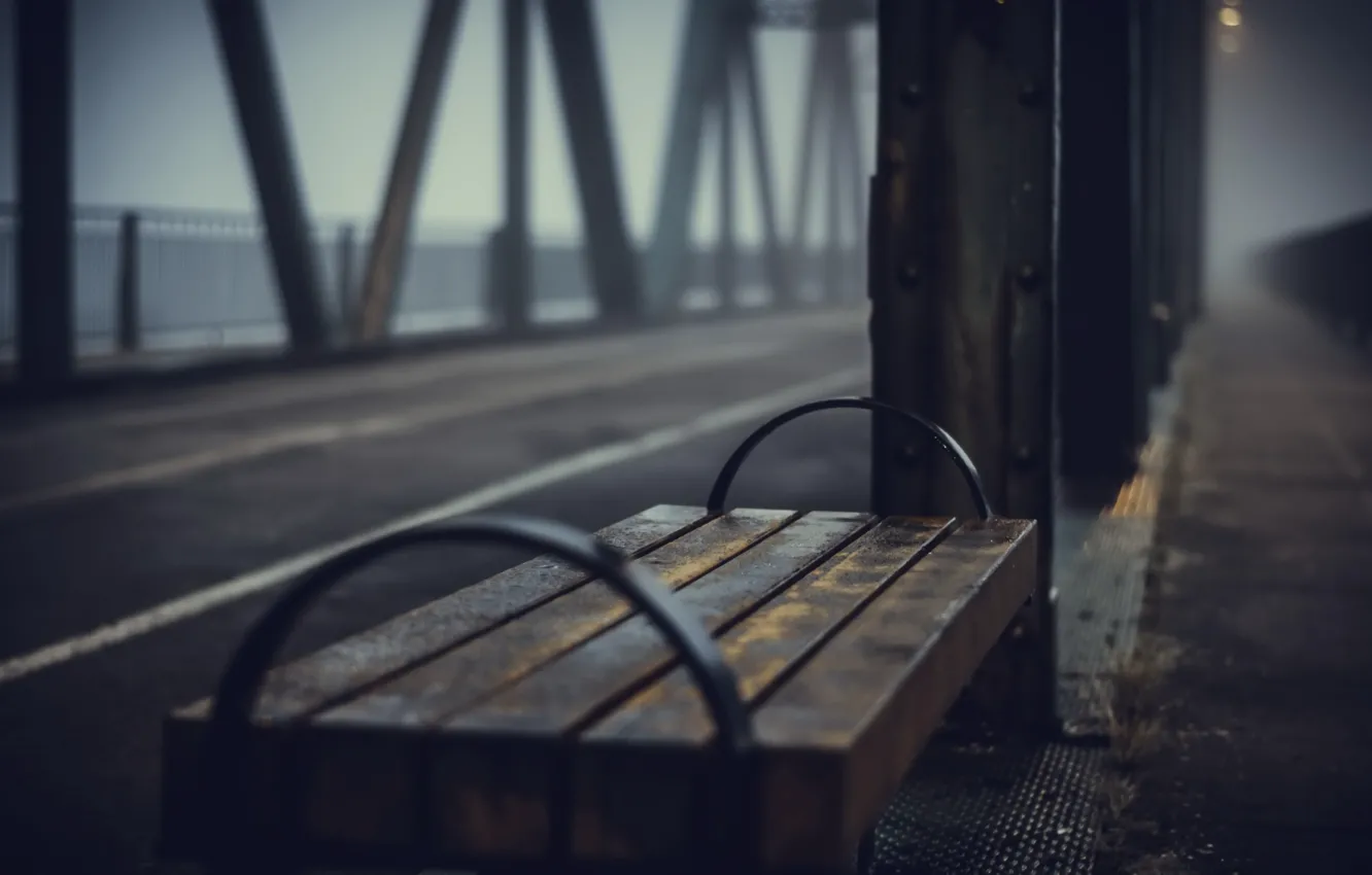 Photo wallpaper bridge, fog, bench