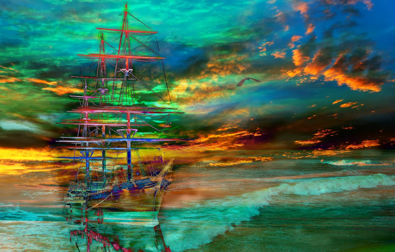 Photo wallpaper sea, the sky, clouds, ship, sailboat