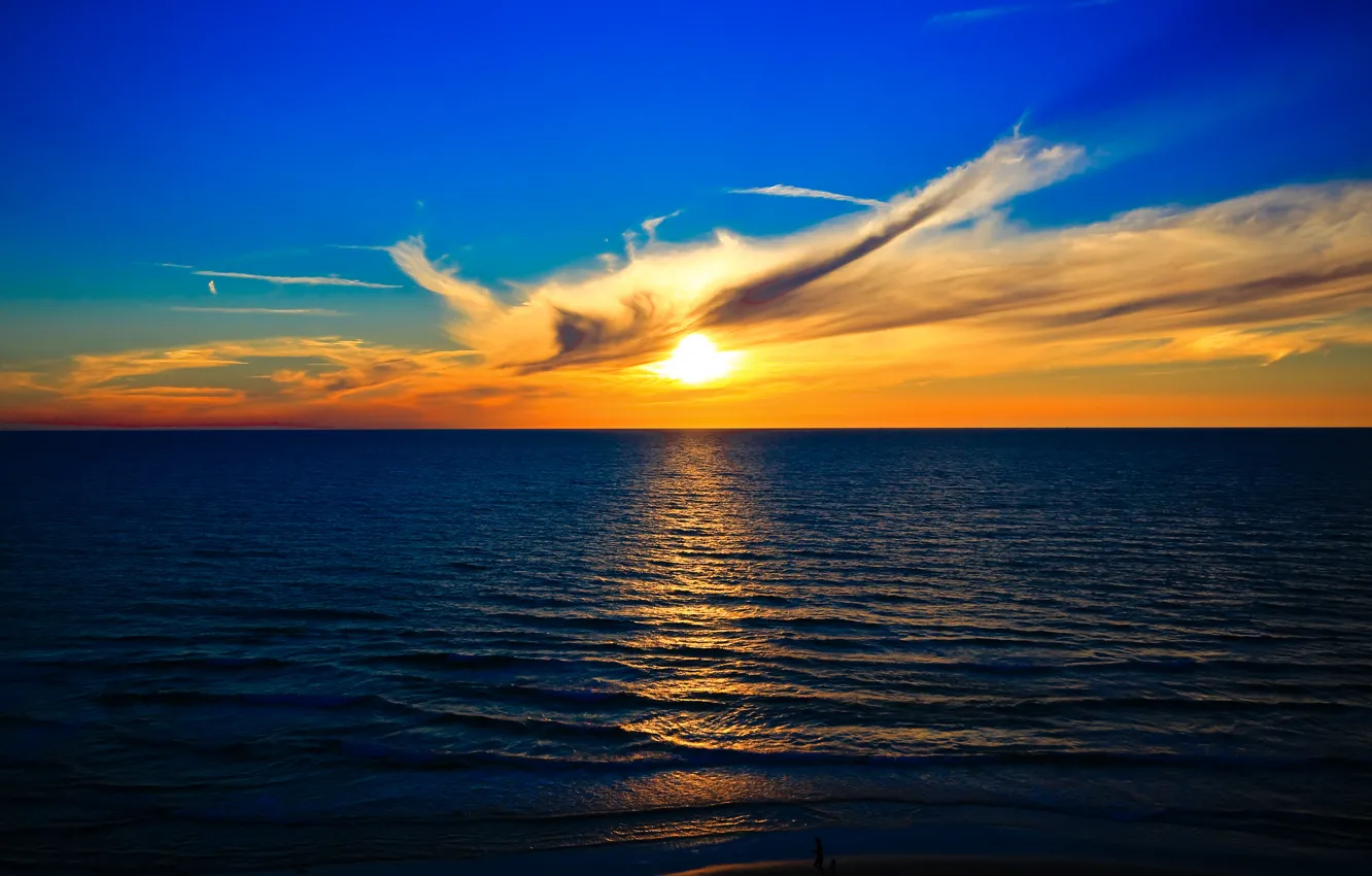 Photo wallpaper sea, the sky, the sun, clouds, sunset, horizon