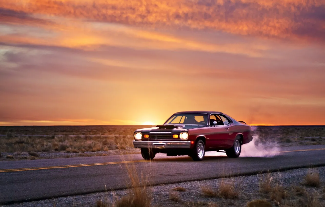 Photo wallpaper road, sunset, muscle car, plymouth duster