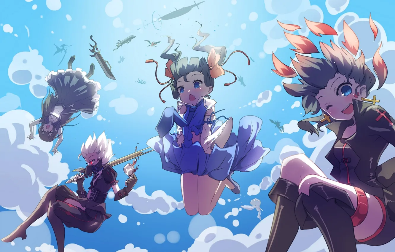 Photo wallpaper the sky, clouds, weapons, girls, sword, anime, mask, drop