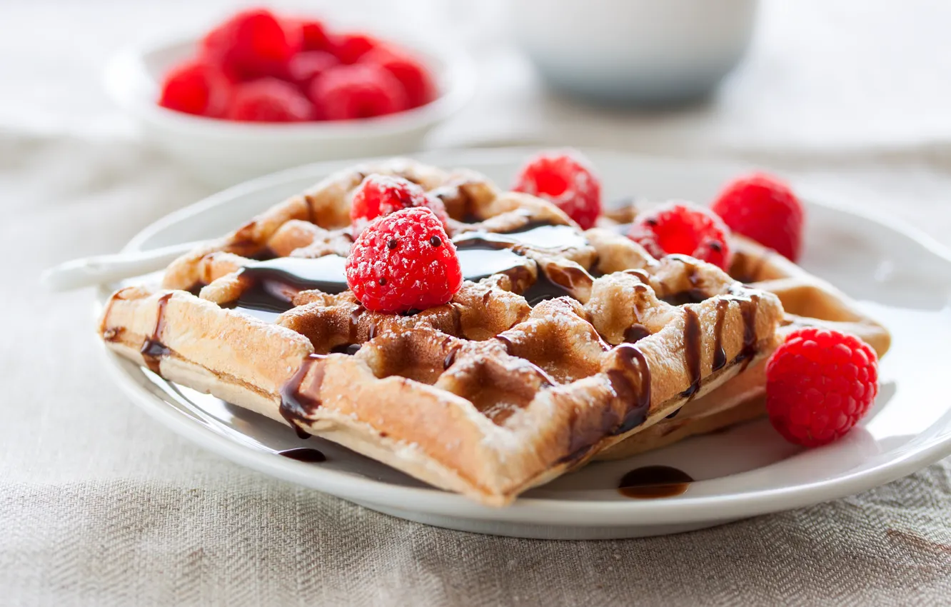 Photo wallpaper berries, raspberry, plate, dessert, waffles, sweet, powdered sugar, chocolate glaze