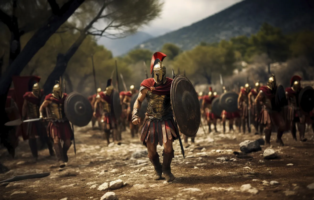 Photo wallpaper Warriors, Men, Digital art, Equipment, Ancient Greece, The Spartans, AI art, The Art of Artificial …