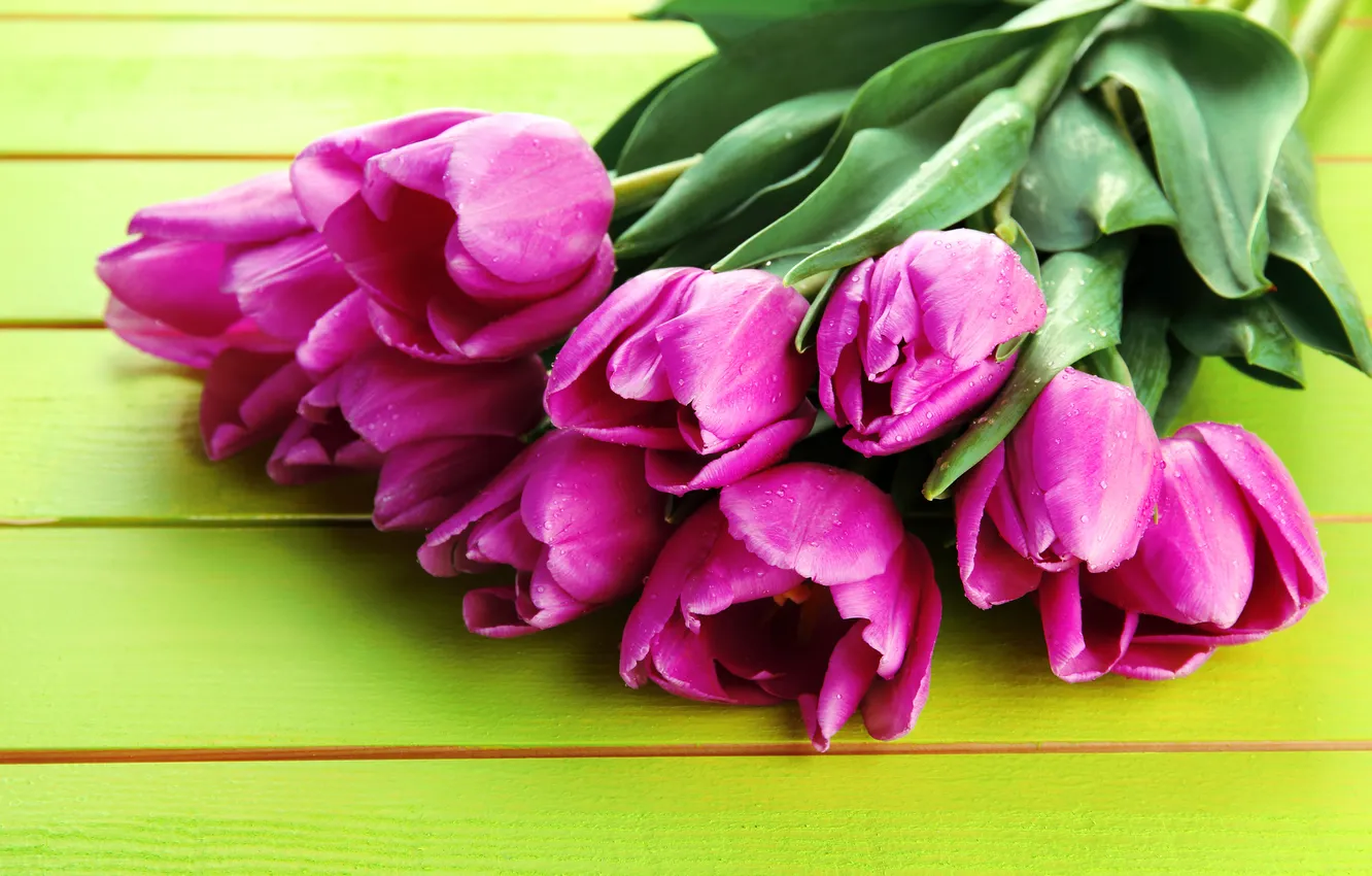 Photo wallpaper flowers, bouquet, tulips, pink, wood, pink, flowers, beautiful