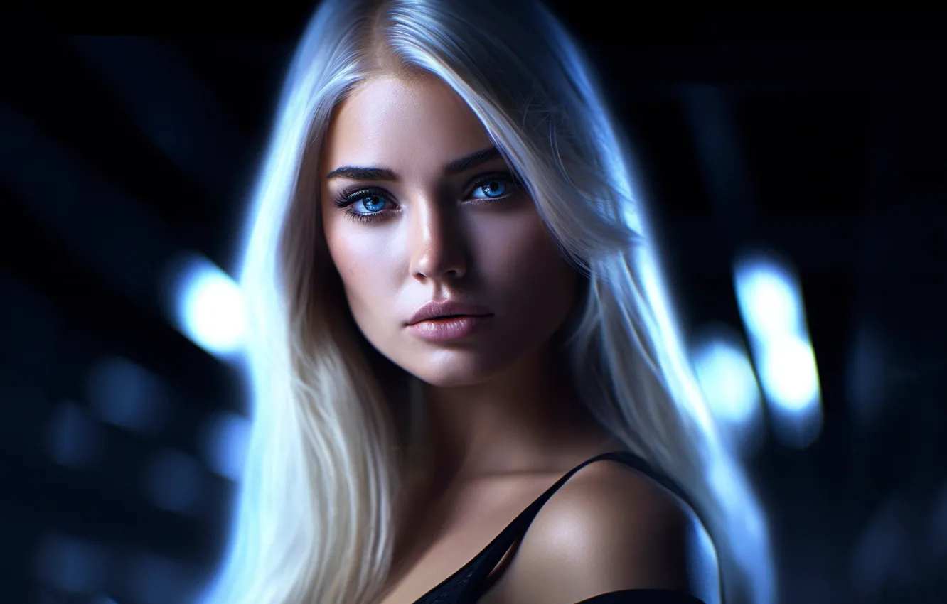 Photo wallpaper look, girl, background, neon, dress, blonde, blue eyes, long hair