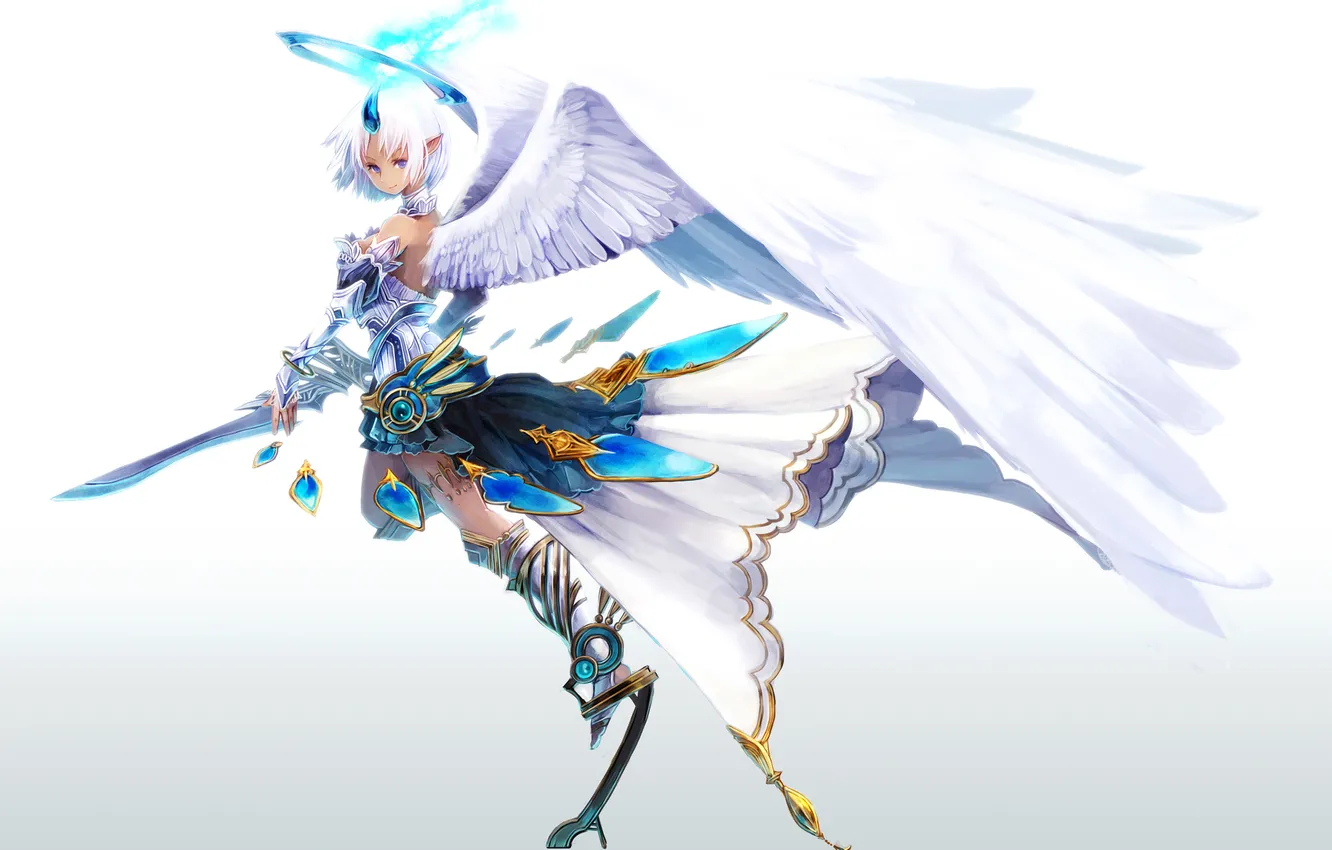 Photo wallpaper girl, weapons, wings, angel, sword, anime, art, halo