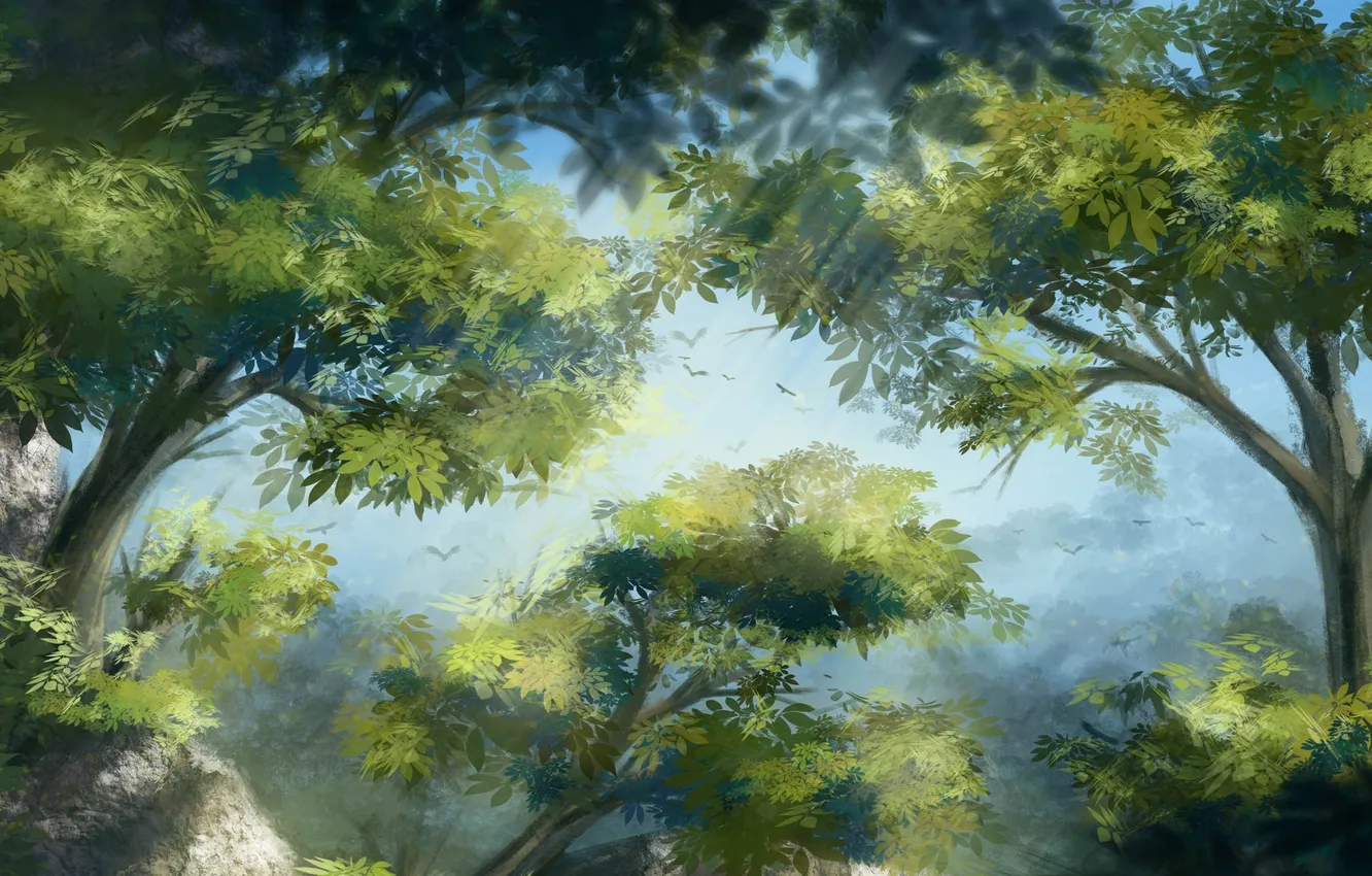 Photo wallpaper leaves, trees, nature, bird, foliage, art, crown