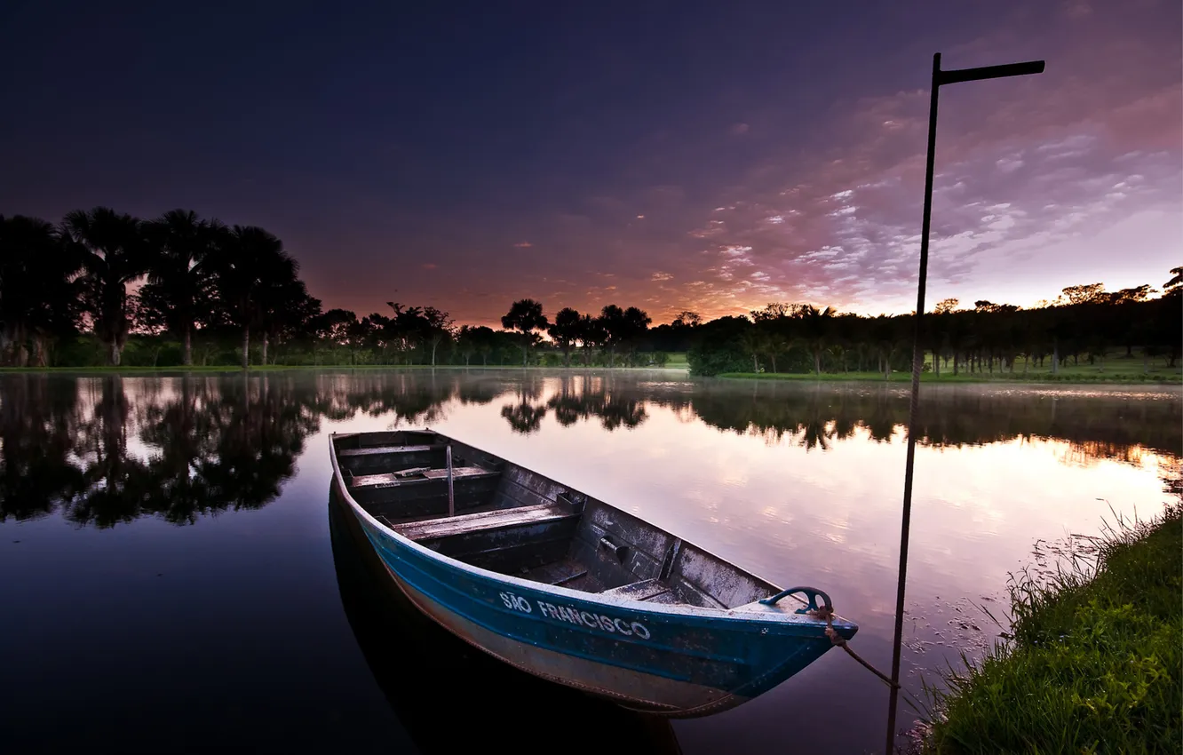 Photo wallpaper summer, the sky, lake, boat, the evening