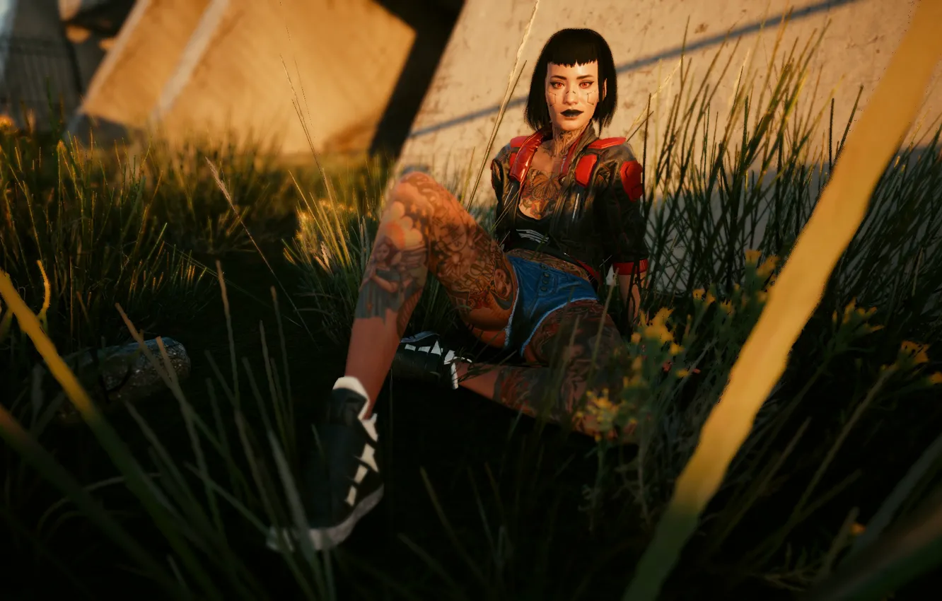 Photo wallpaper girl, grass, game, smile, sun, tatoo, babe, pose